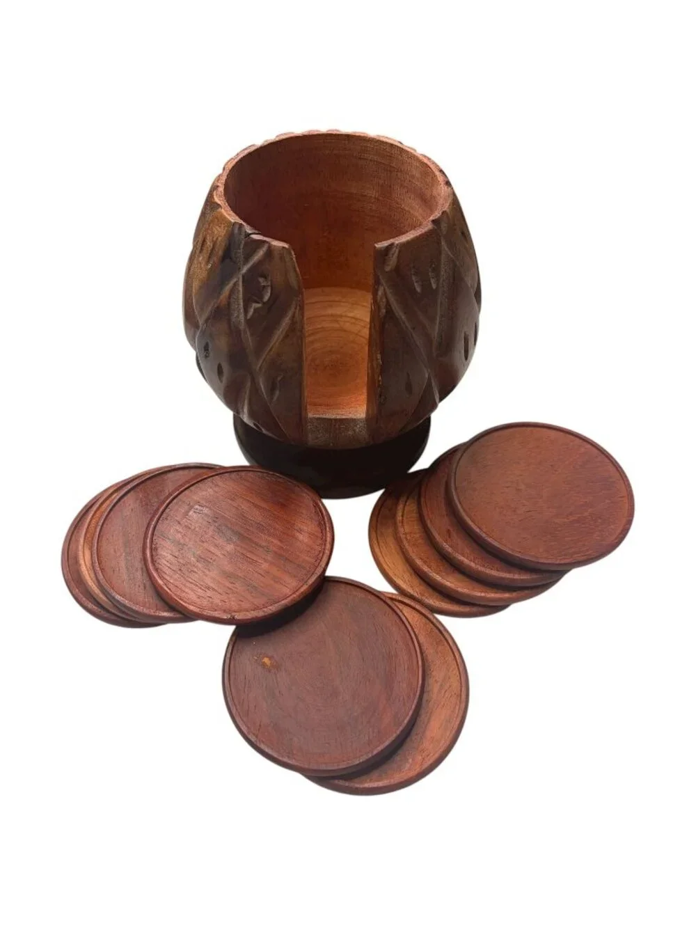 Vintage Hand-Carved Wood Pineapple Coaster Set with Holder Mid Century Tiki Boho